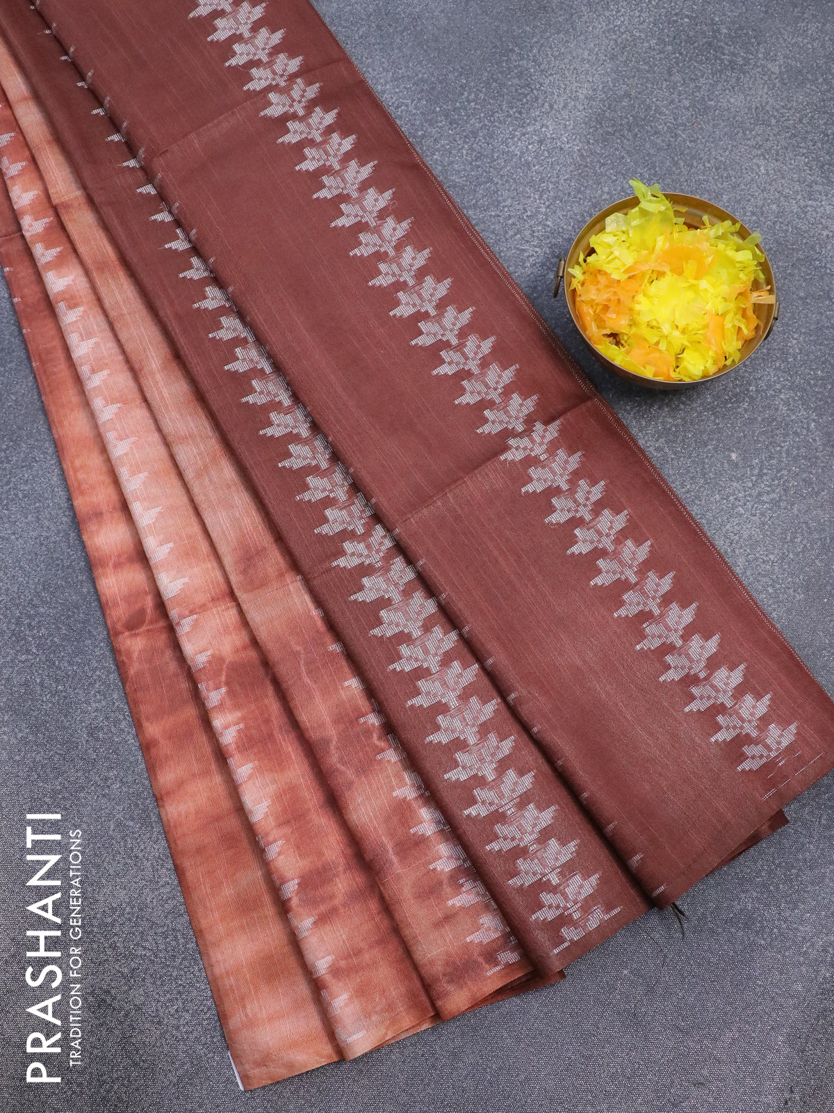 Bamboo silk saree rust shade and brown with allover tie & dye prints & thread weaves in borderless style