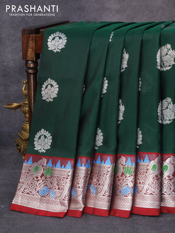 Venkatagiri silk saree bottle green and maroon with silver zari woven floral buttas and rich silver zari woven peacock design paithani border