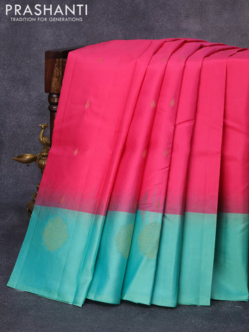 Pure kanjivaram silk saree pink and teal green with zari woven buttas and zari woven butta border