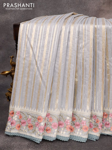 Banarasi cotton saree grey with allover silver & gold zari weaves and zari woven floral embroidery work border