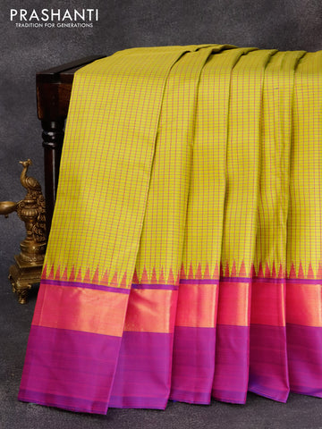 Pure kanjivaram silk saree lime yellow and dual shade of purple with allover checkes pattern and temple design rettapet zari woven border & checkes