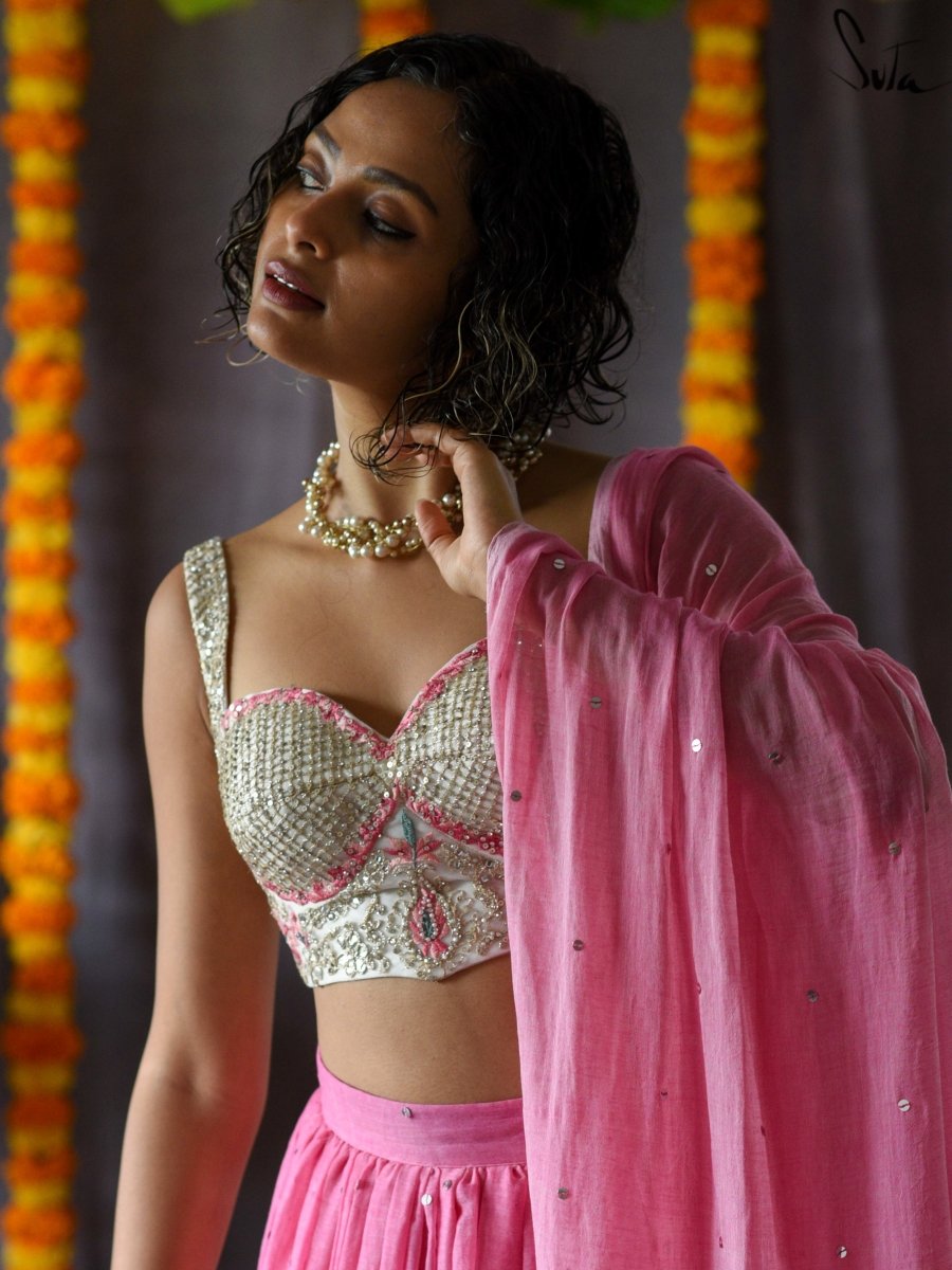 Peach Lehenga with Burgundy Thread Work Choli – Roop Sari Palace