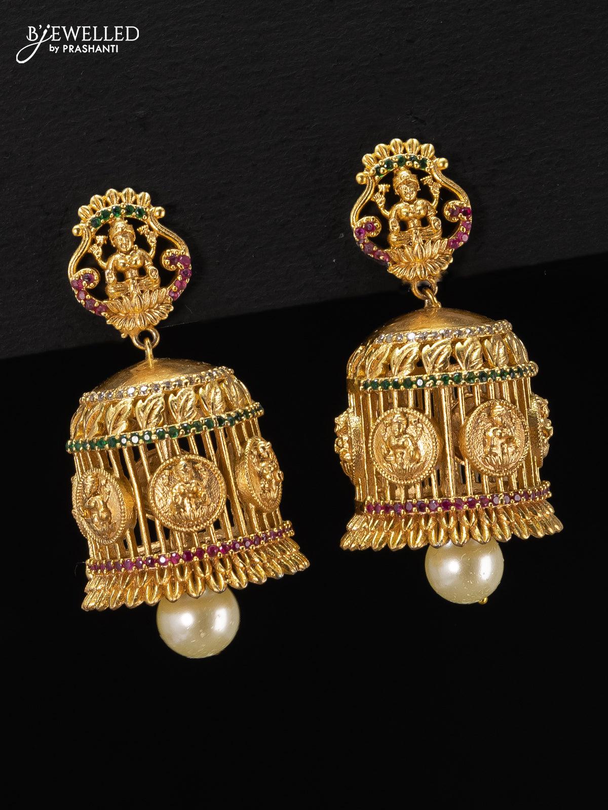 Antique jhumka lakshmi design kemp and cz stone with pearl hangings