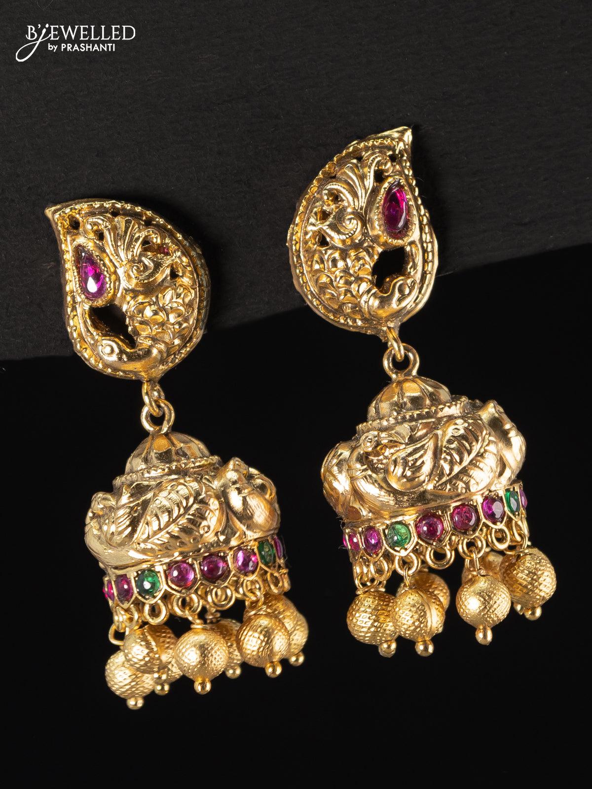 Antique jhumka with kemp stone and golden beads hangings