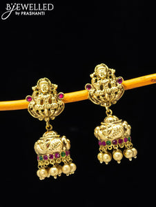 Antique jhumkas lakshmi design with kemp stone and golden beads hanging