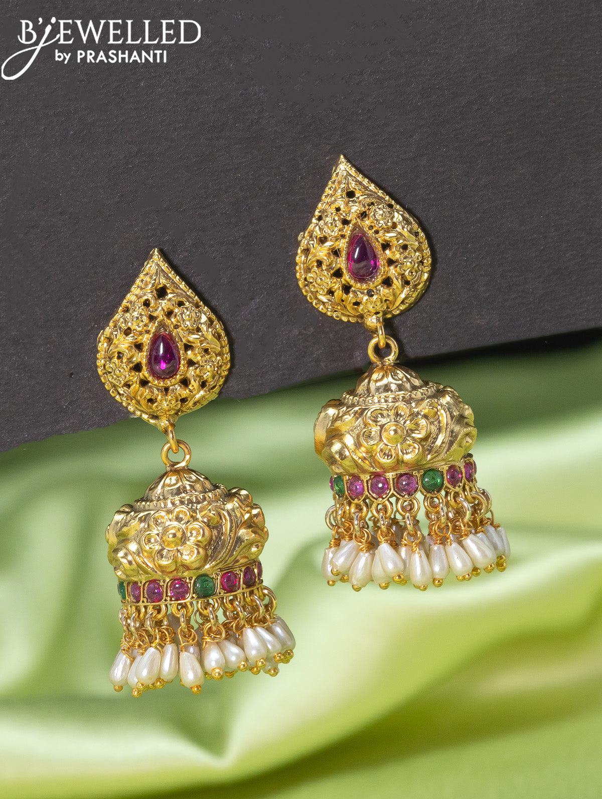 Antique jhumkas with kemp stone and pearl hangings