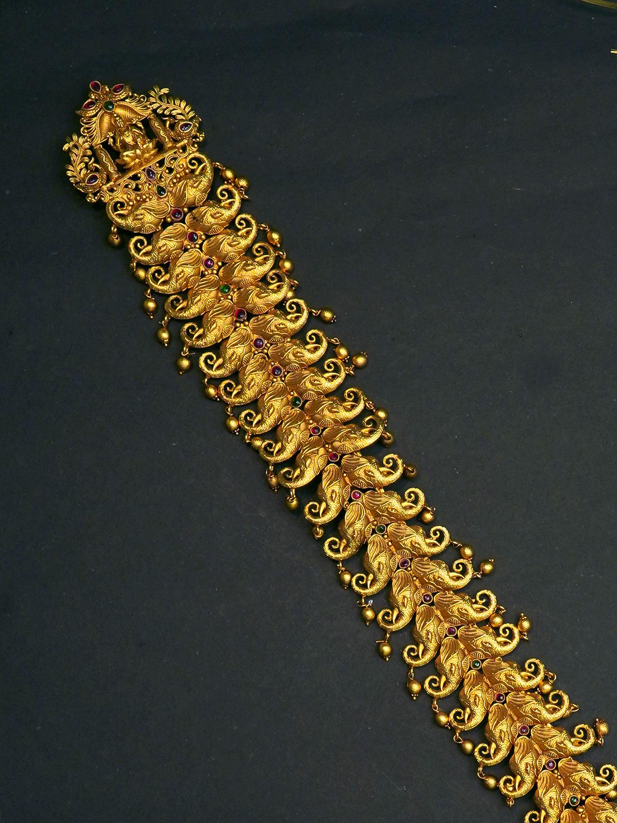 Antique lakshmi and peacock design jada billai with kemp stone