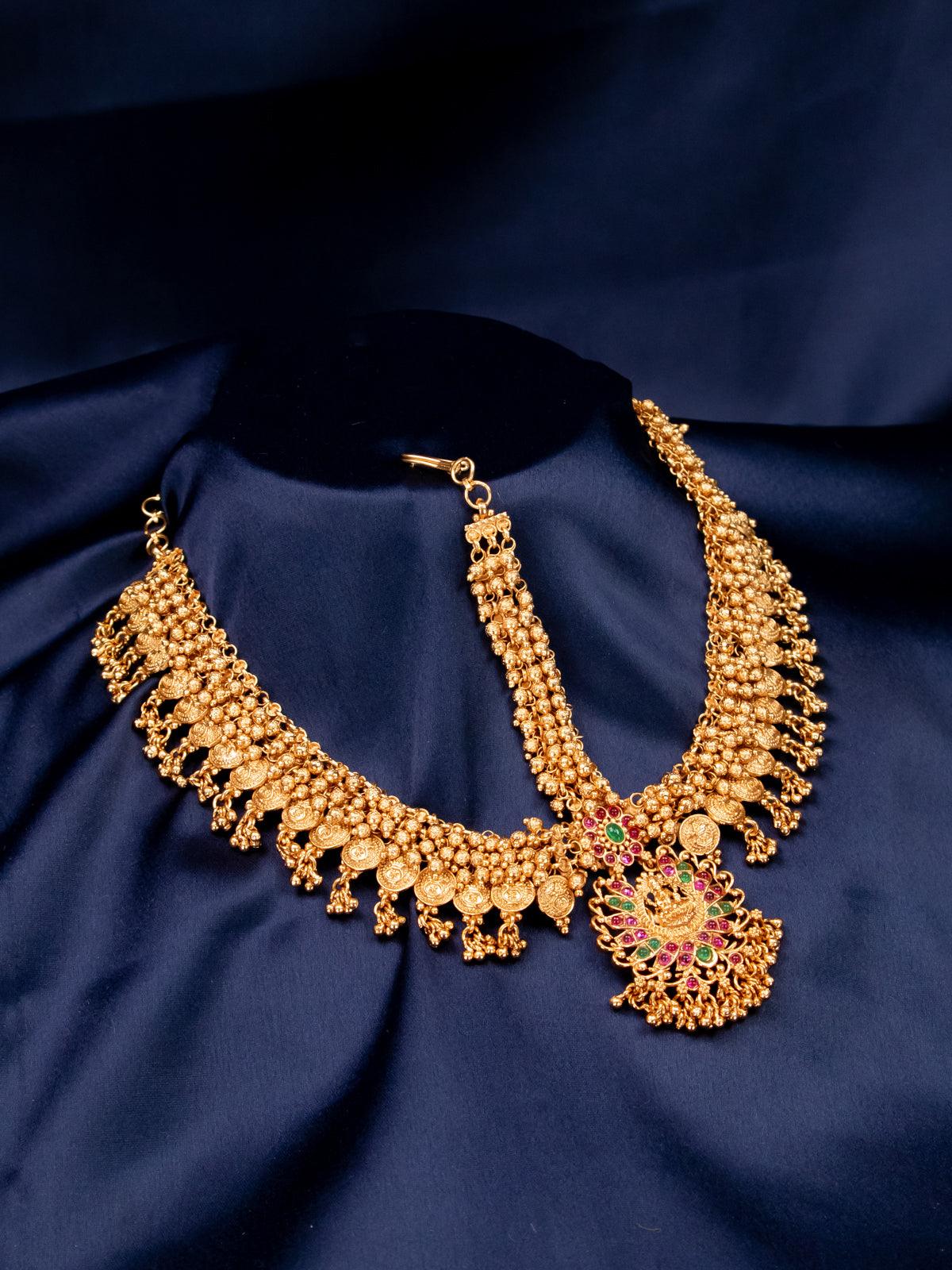 Antique lakshmi design maang tikka with kemp stone and golden beads hanging