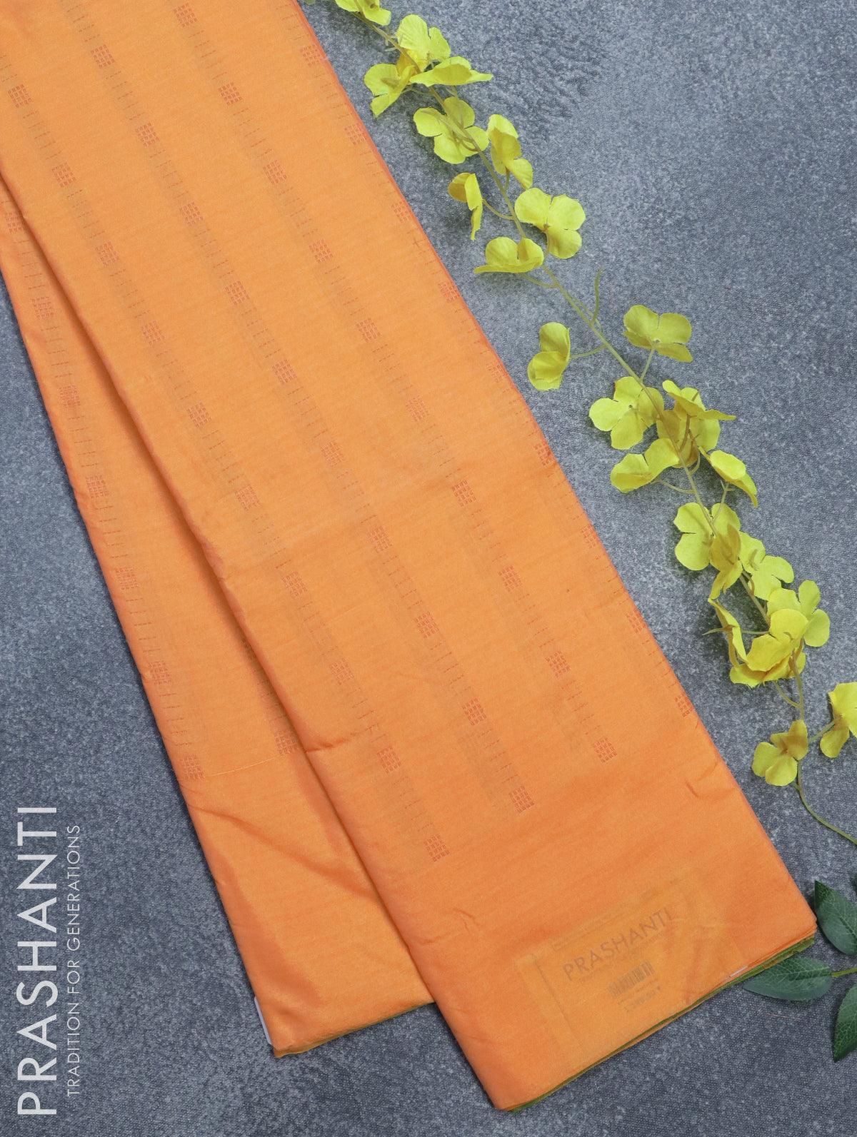 Arani semi silk saree dual shade of yellow and light green with allover copper zari weaves in borderless style