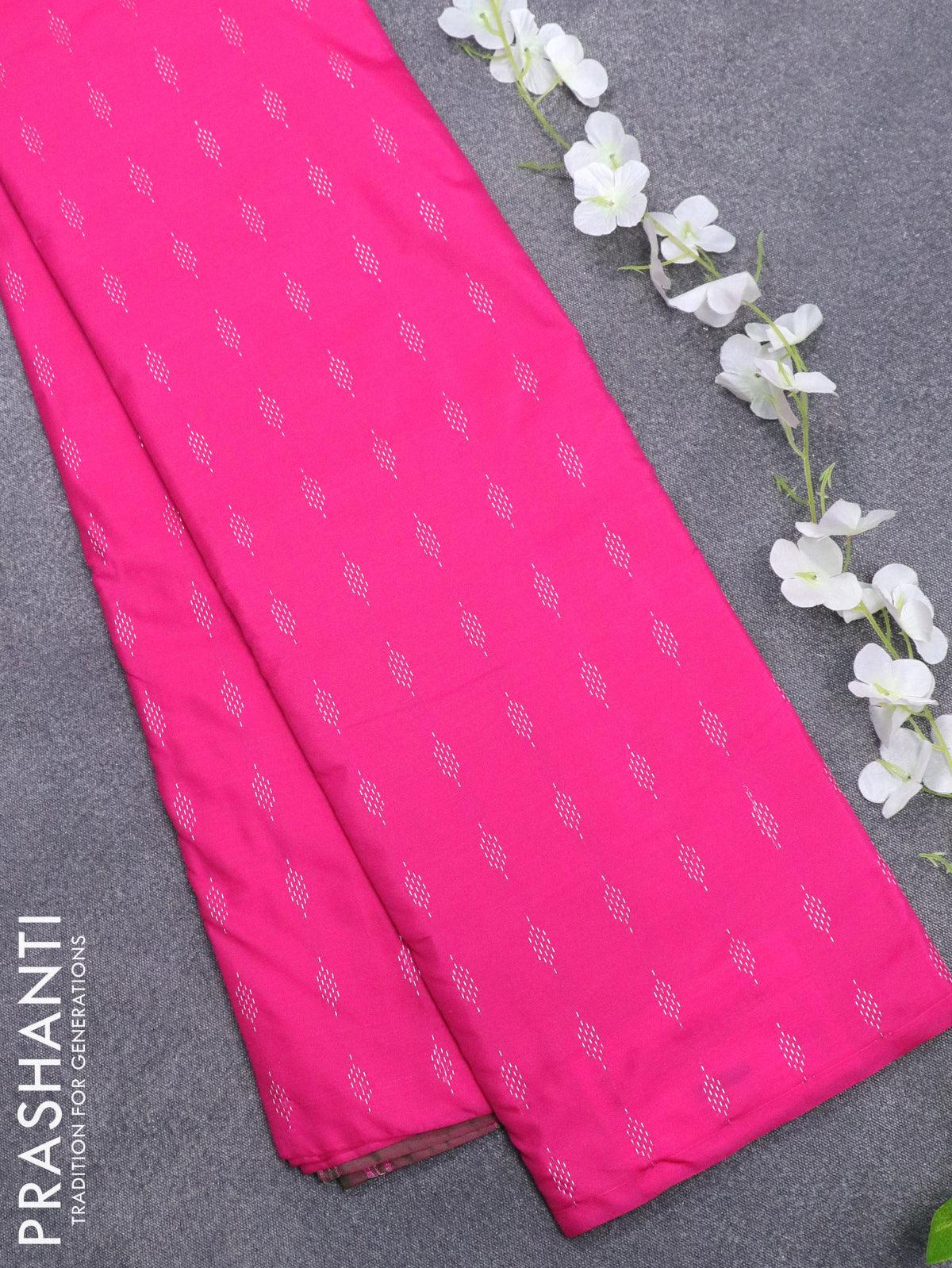 Arani semi silk saree pink and dual shade of green with allover silver zari woven buttas in borderless style