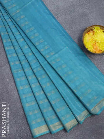 Bamboo silk saree teal blue with allover zari weaves and zari woven border