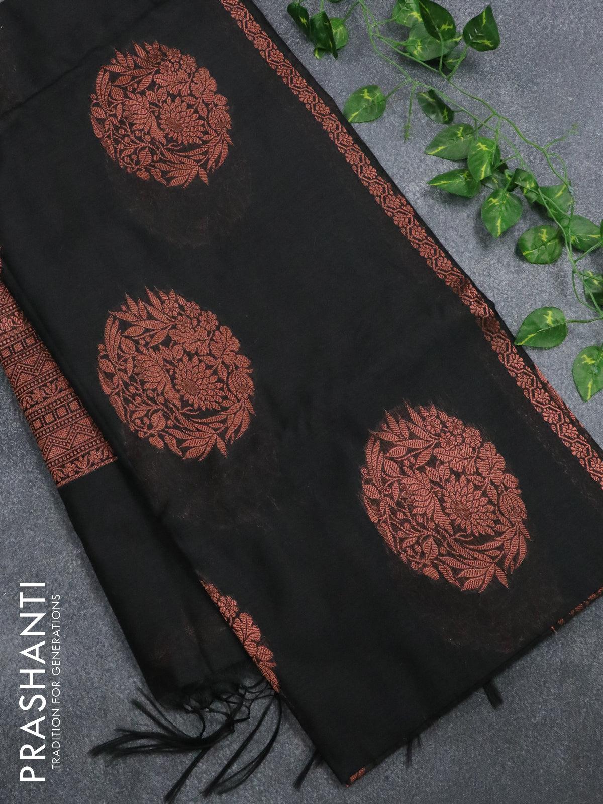 Banarasi cotton saree black with copper zari woven floral buttas and piping border