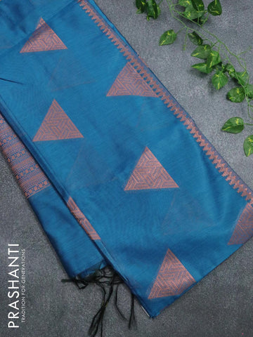 Banarasi cotton saree cs blue with copper zari woven geometric buttas and piping border