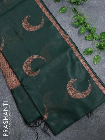 Banarasi cotton saree dark green with copper zari woven buttas and piping border