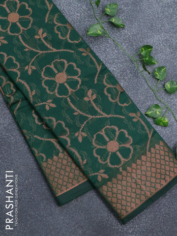 Banarasi cotton saree green with allover copper zari woven floral weaves and zari woven border