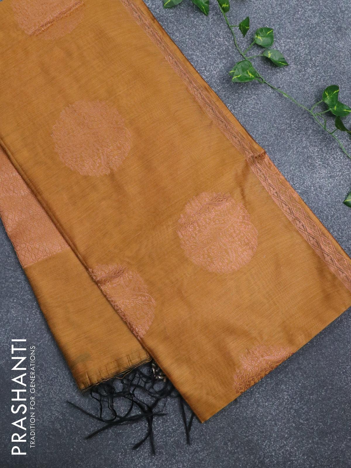 Banarasi cotton saree mustard yellow with copper zari woven buttas and piping border