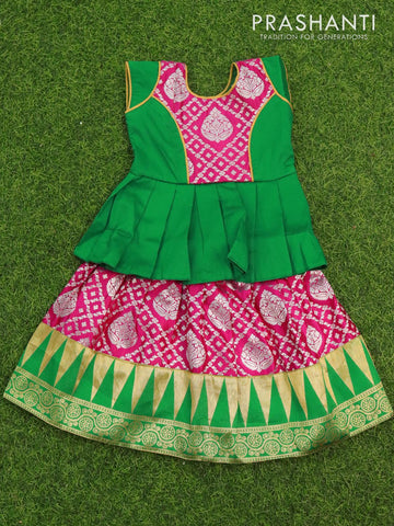 Banarasi kids lehanga green and pink with patch work neck pattern and allover silver zari weaves & temple border for 0 year