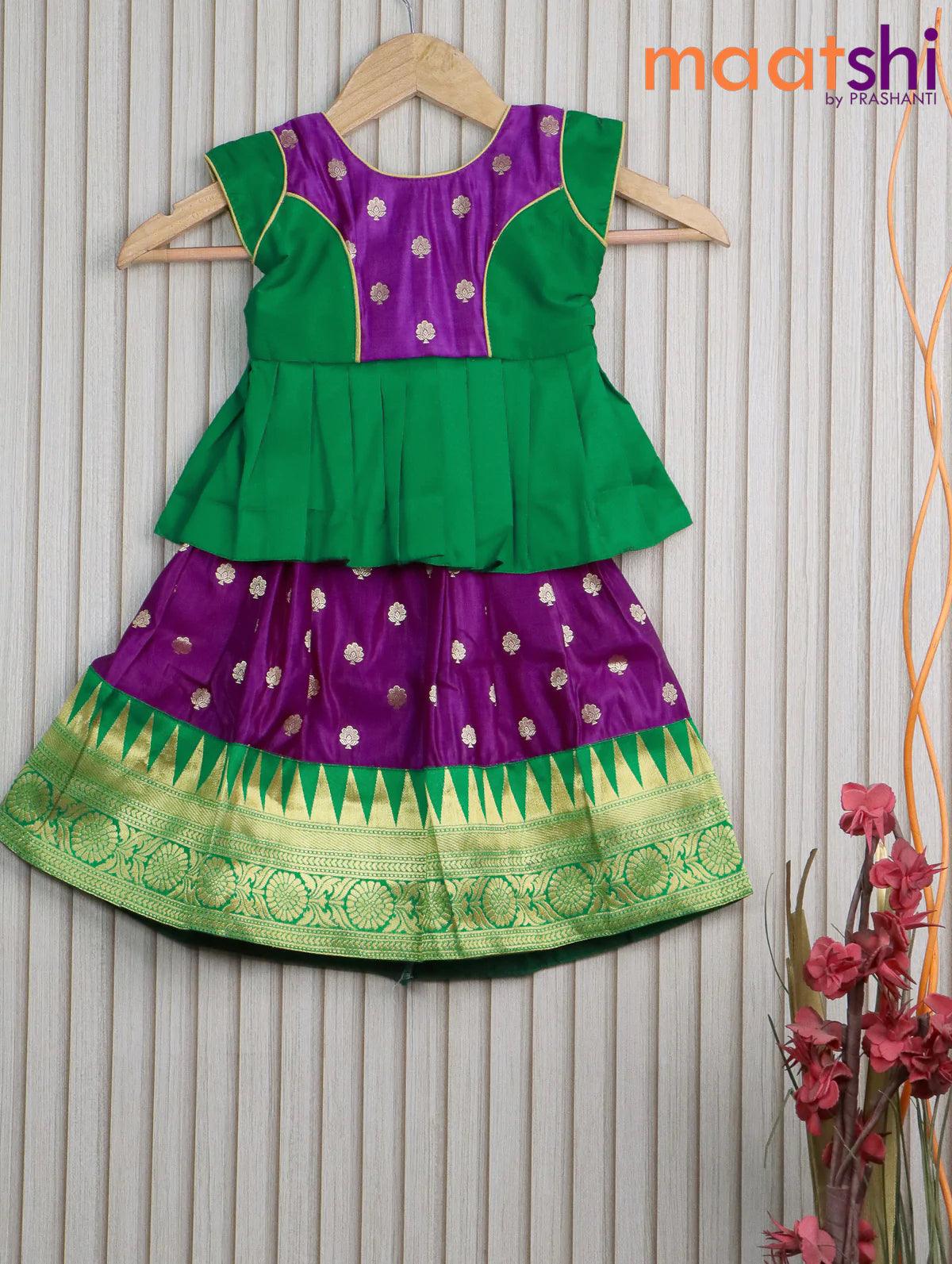 Banarasi kids lehanga green and purple with patch work neck pattern and allover butta weaves & temple design zari border for 0 year