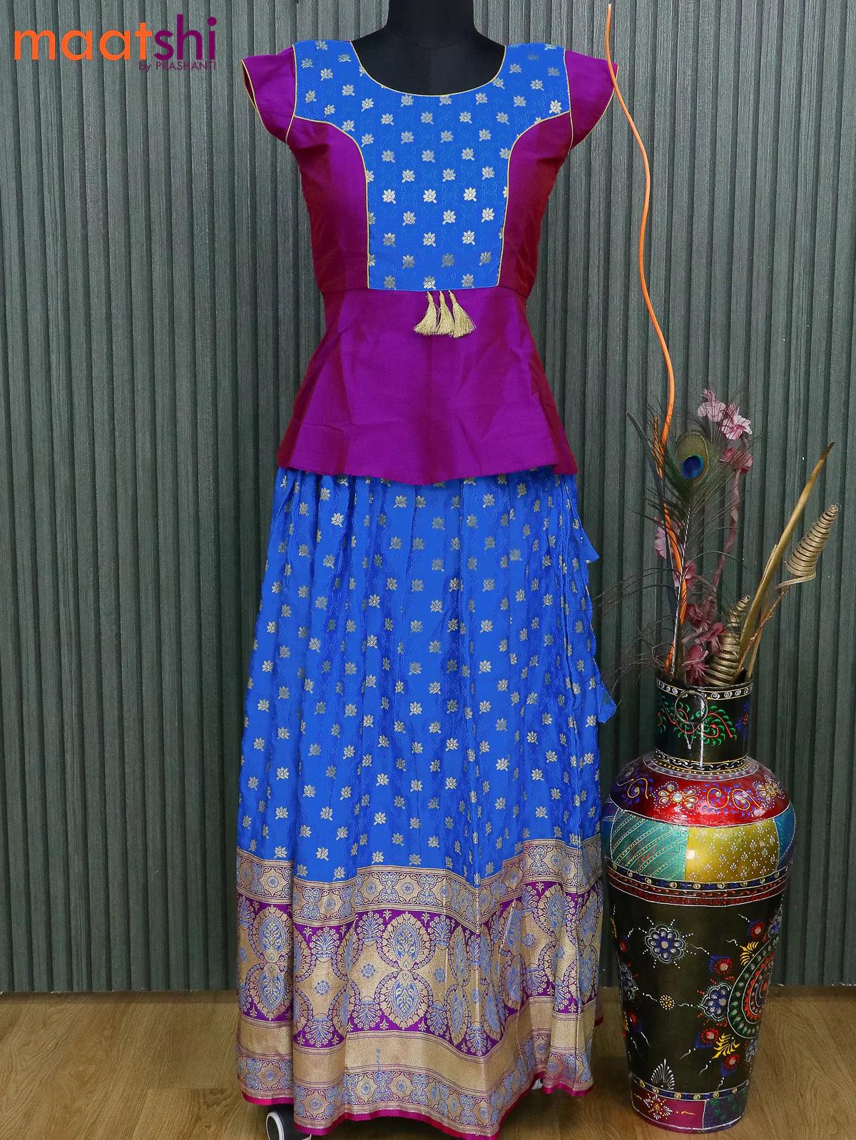 Banarasi kids lehanga magenta pink and cs blue with patch work neck pattern and self emboss zari weaves & long zari border for 14 years