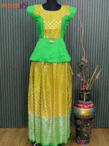 Banarasi kids lehanga parrot green and dual shade of yellow with patch work neck pattern and silver zari weaves & long zari border for 16 years