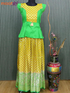 Banarasi kids lehanga parrot green and yellowish green with patch work neck pattern and zari woven butta weaves & long zari border for 13 years