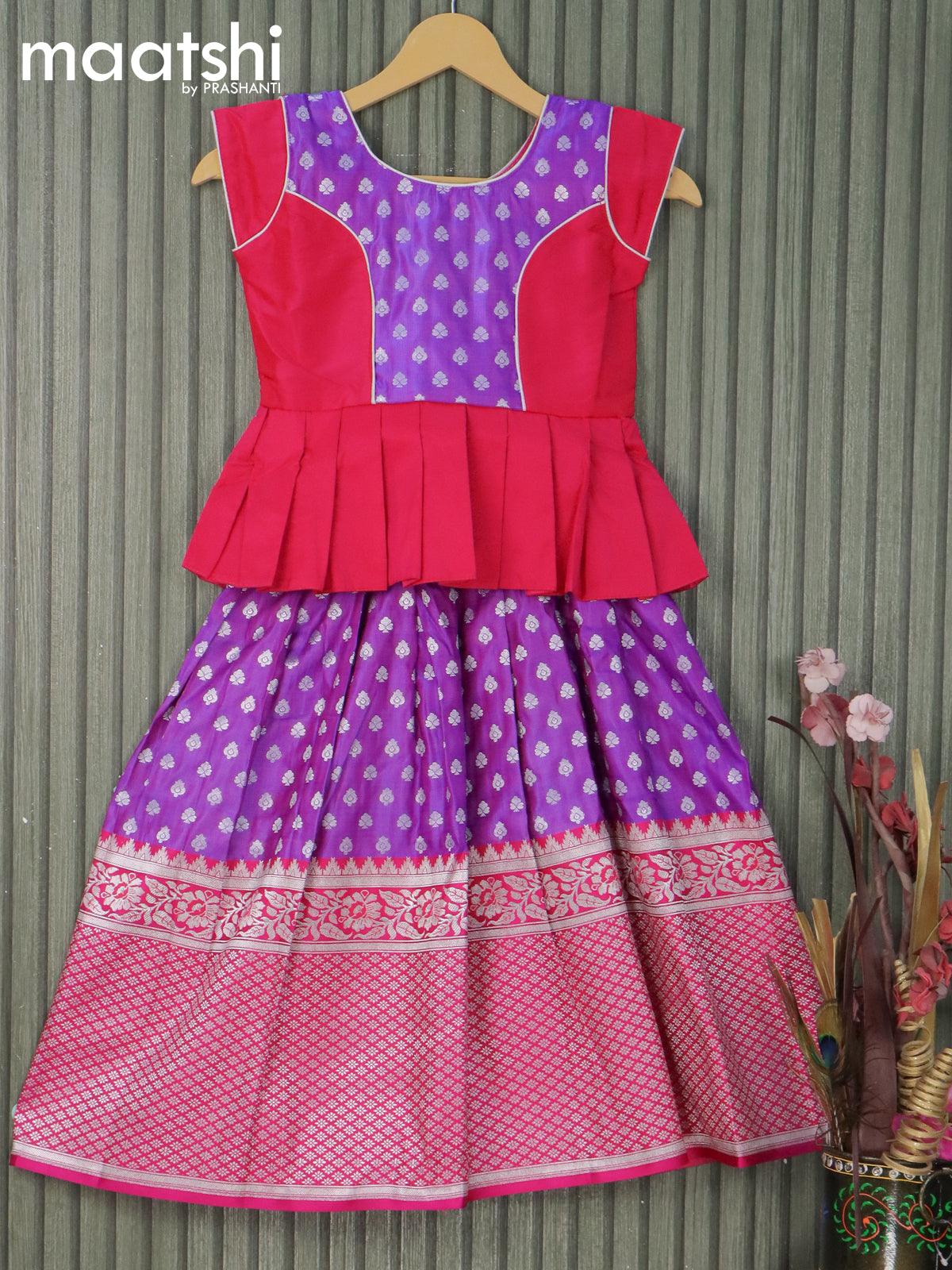 Banarasi kids lehanga pink and dual shade of blue with patch work neck pattern and allover zari buttas & long silver zari woven border for 6 years