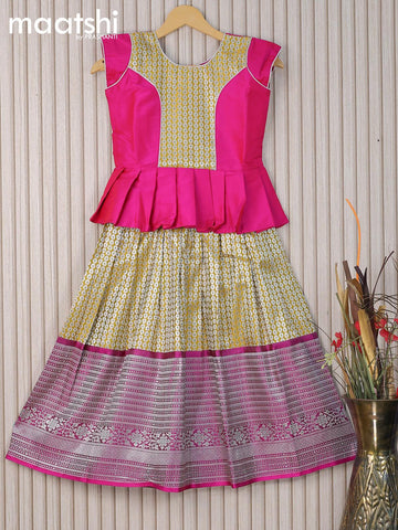 Banarasi kids lehanga pink and lime yellow with patch work neck pattern and allover silver zari weaves & long silver zari woven border for 7 years