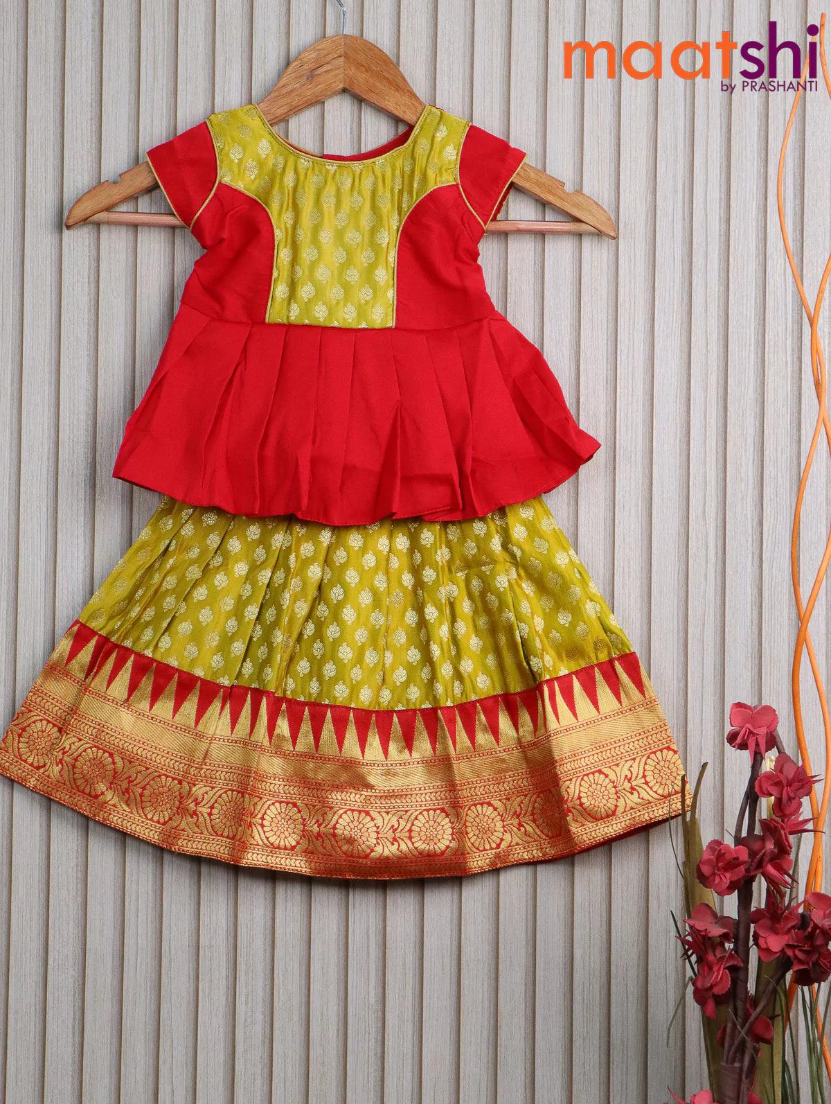 Banarasi kids lehanga red and yellow with patch work neck pattern and allover butta weaves & temple design zari border for 0 year