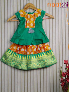 Banarasi kids lehanga teal green and mango yellow with patch work neck pattern and silver zari butta weaves & zari border for 0 year