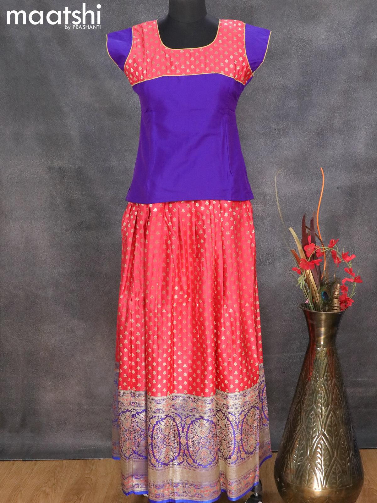 Banarasi kids lehanga violet and pink shade with patch work neck pattern and allover zari buttas & long zari woven border for 14 years