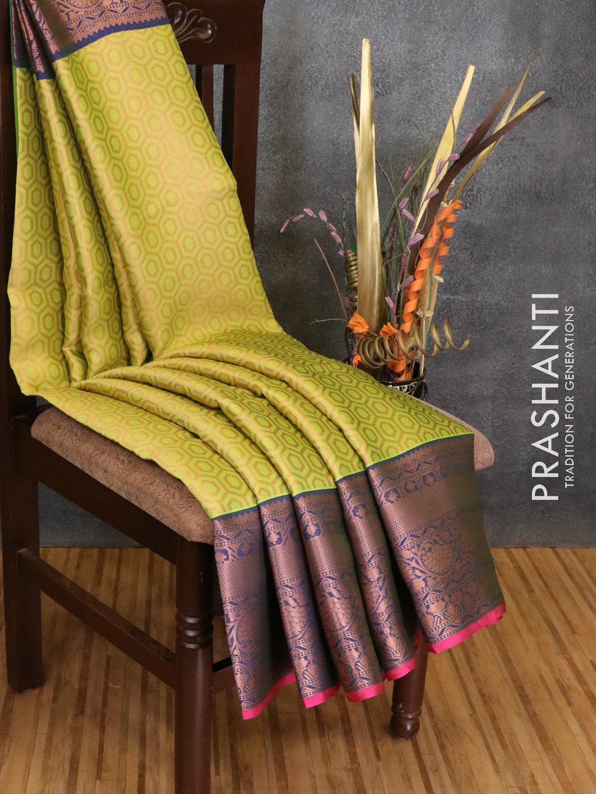 Banarasi kora saree lime green shade and pink with allover geometric zari weaves and long zari woven border