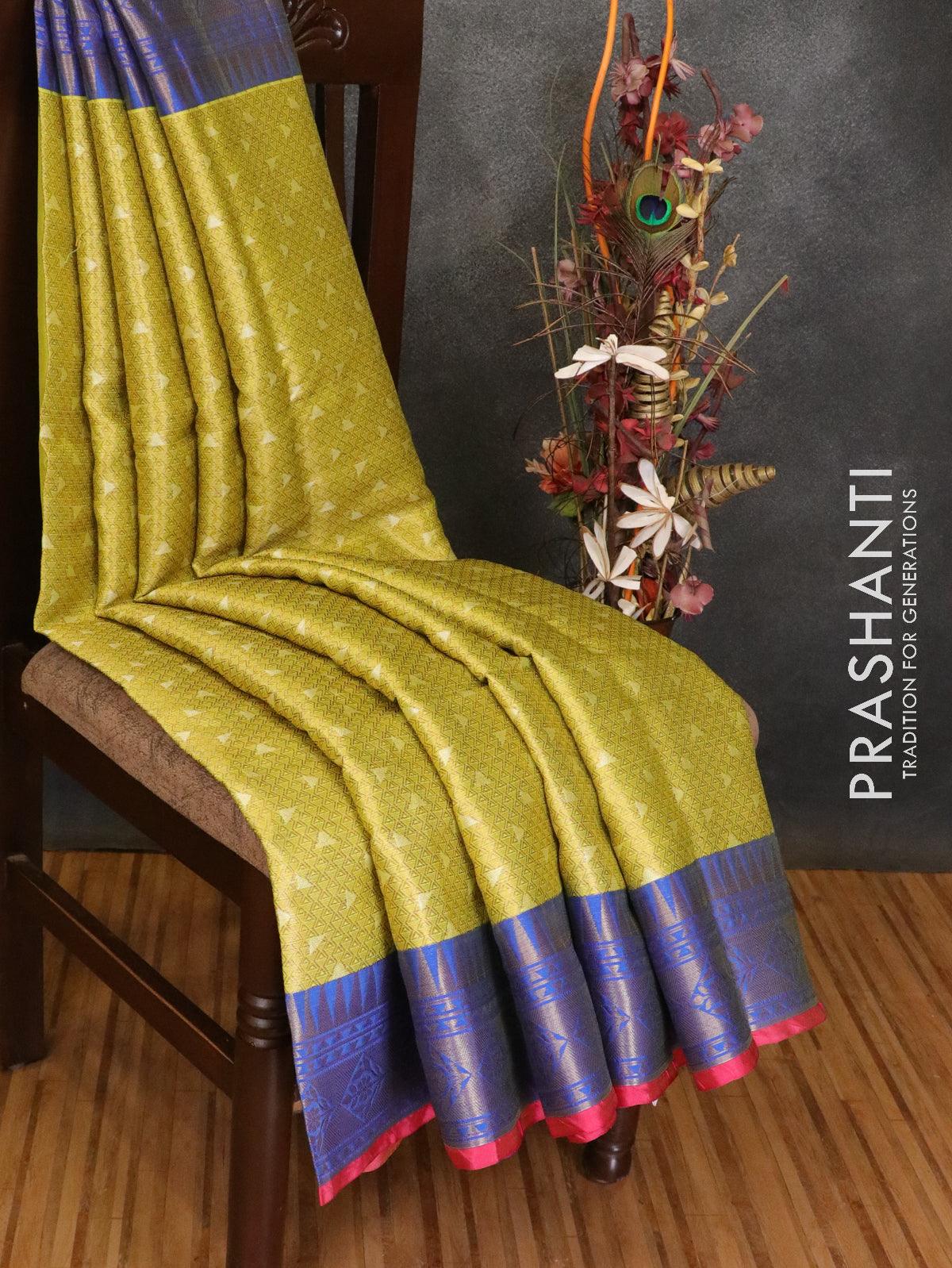 Banarasi kora saree lime yellow and pink with allover zari weaves and zari woven border