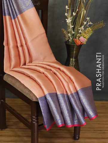 Banarasi kora saree peach pink and blue with allover zari weaves and zari woven border