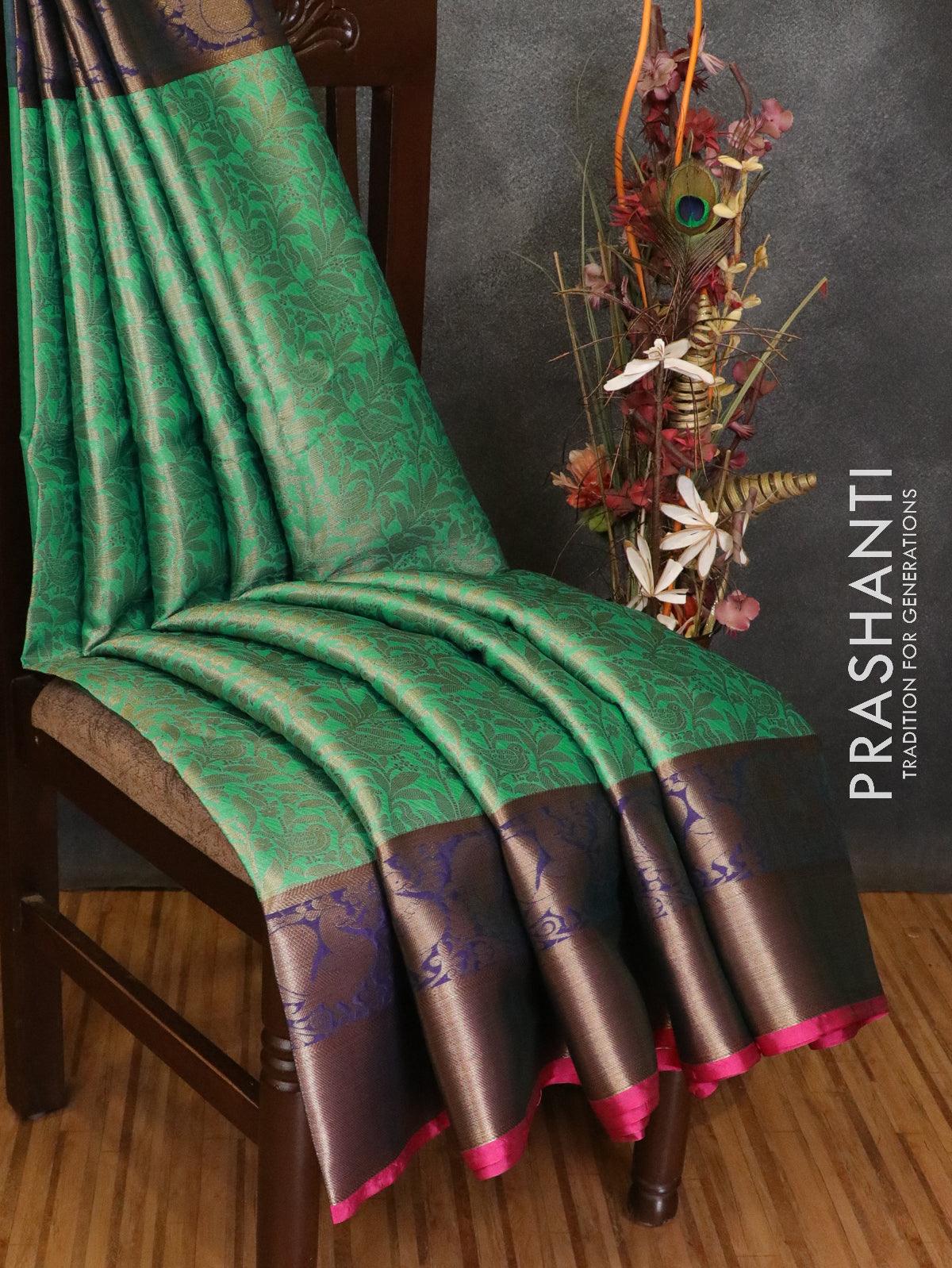 Banarasi kora saree teal green and blue with allover zari weaves and annam zari woven border