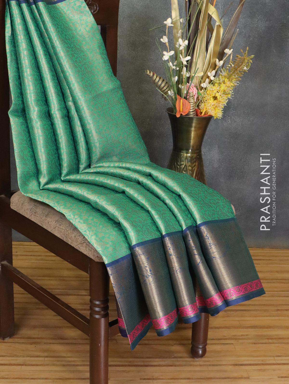 Banarasi kora saree teal green and blue with allover zari weaves and zari woven border