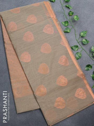 Banarasi semi cotton saree chikku shade with copper zari woven buttas and zari woven piping border