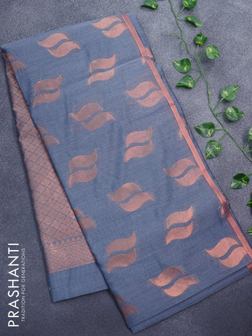 Banarasi semi cotton saree grey with copper zari woven buttas and zari woven piping border