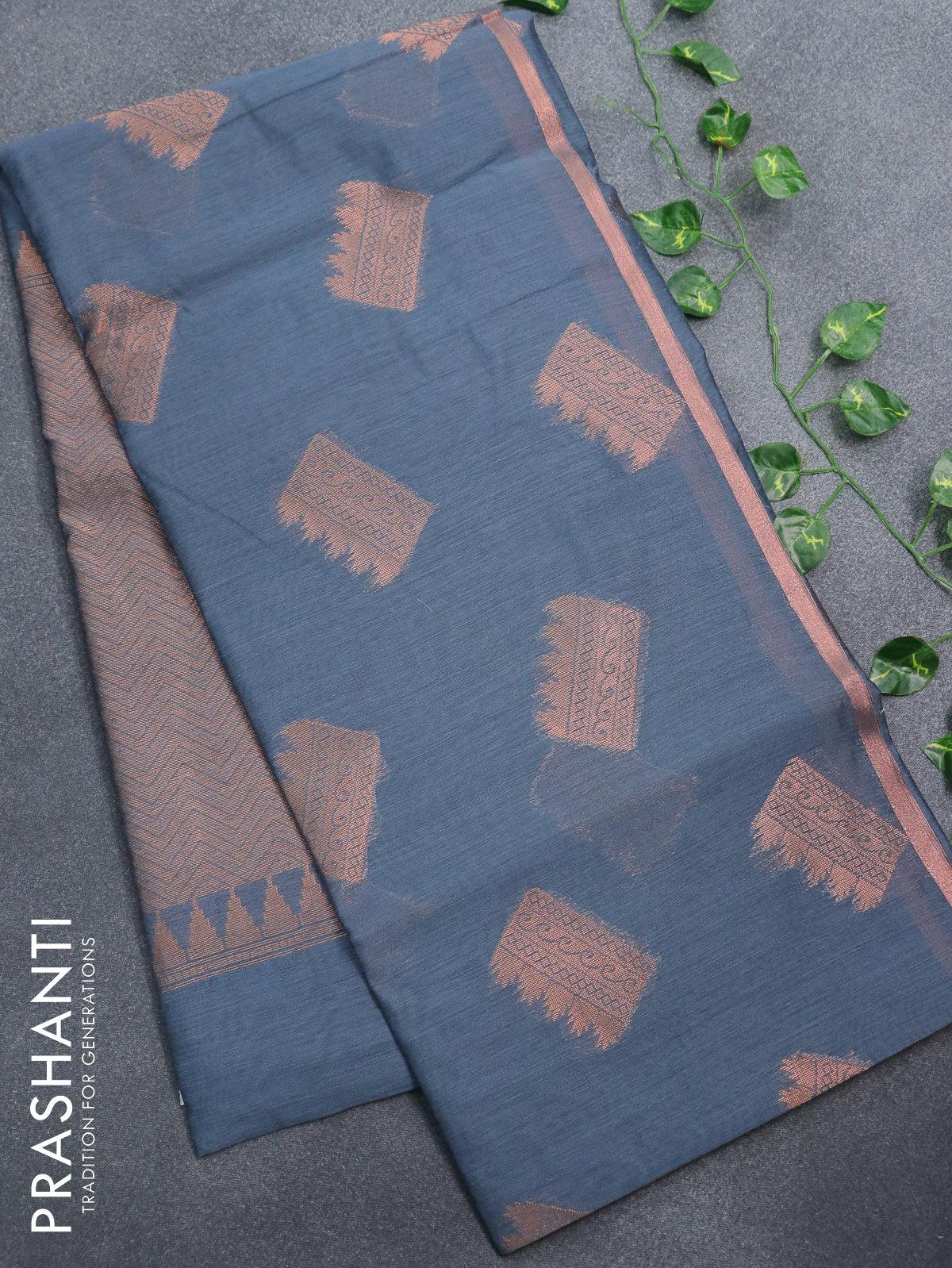 Banarasi semi cotton saree grey with geometric copper zari woven buttas and zari woven piping border