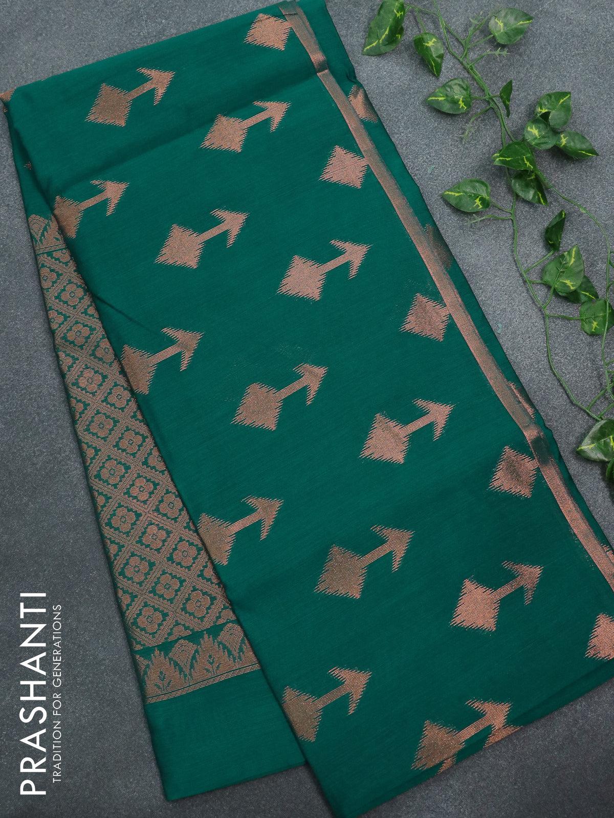 Banarasi semi cotton saree teal green with copper zari woven geometric buttas and piping zari woven border