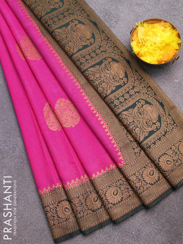 Banarasi semi dupion saree pink and bottle green with thread & zari woven buttas and zari woven border