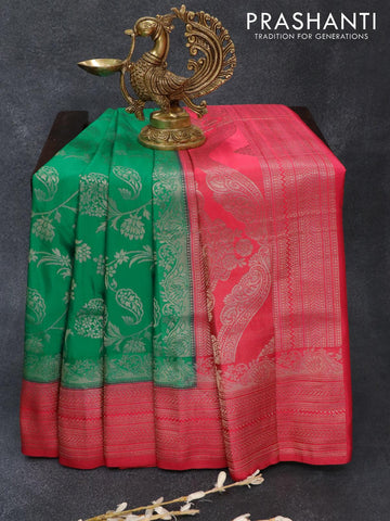 Banarasi semi katan saree teal green and reddish pink with allover floral zari weaves and zari woven border