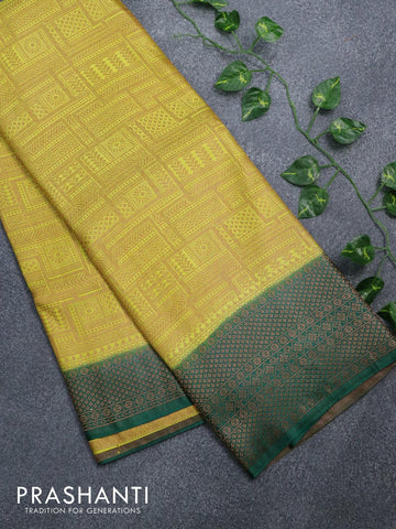 Banarasi semi silk saree yellow and dark green with allover weaves and woven border