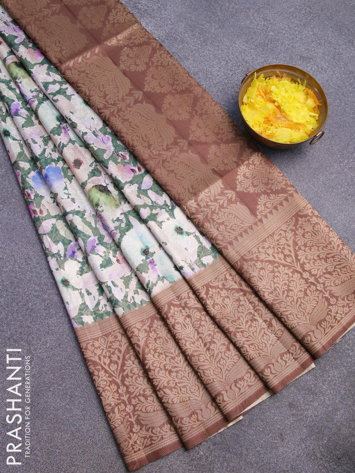 Banarasi softy silk saree dark green with allover zari weaves & floral digital prints and long zari woven border