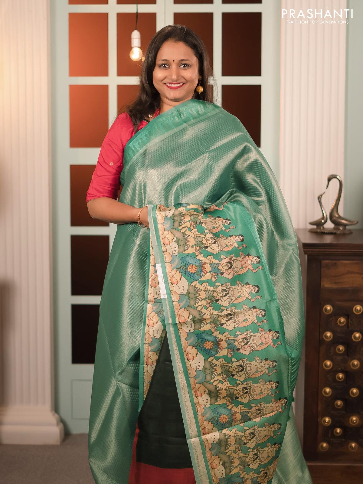 Banarasi tissue organza saree teal green with plain body and kalamkari printed border