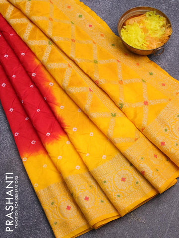 Bandhani saree red and mango yellow with bandhani prints and banarasi style mina border