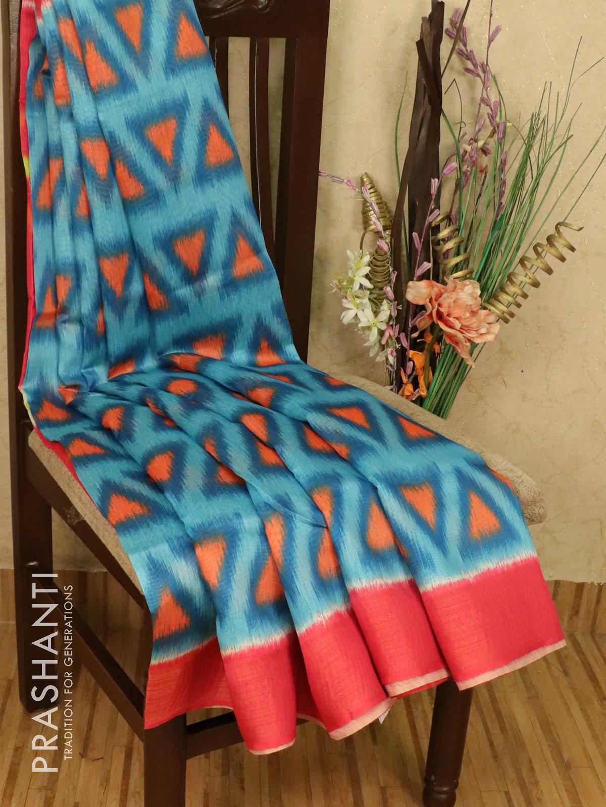 Bhagalpuri saree blue and pink with allover ikat prints and simple zari border - TFR5876