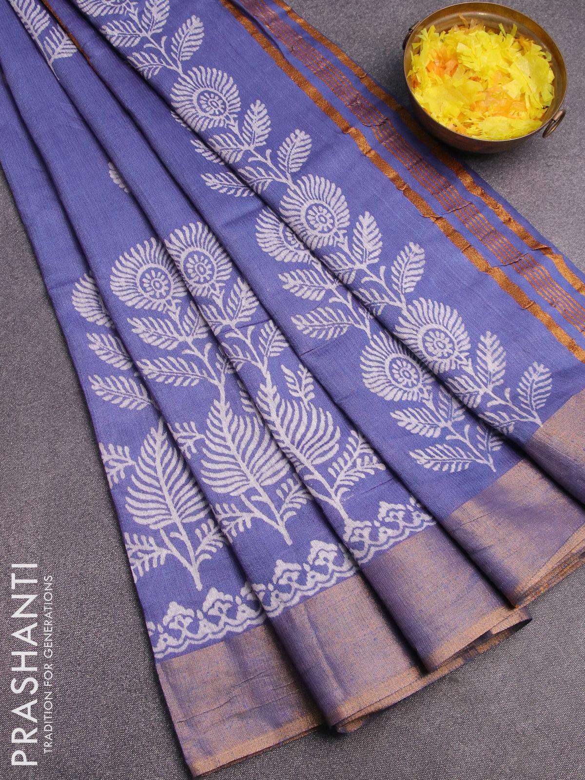 Bhagalpuri saree blue shade with leaf butta prints and zari woven border