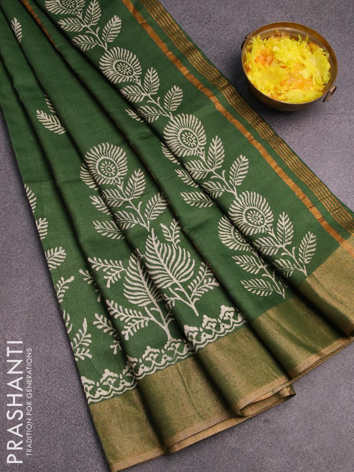 Bhagalpuri saree dark green with leaf butta prints and zari woven border