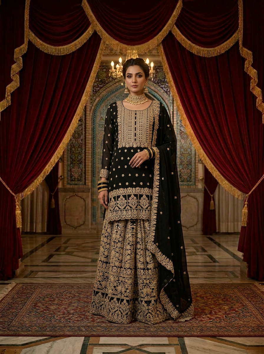 Black Georgette Heavy Zari Embroidery Palazzo Set With Dupatta