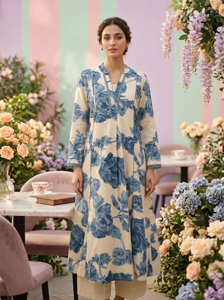Blue Cotton Floral Digital Printed Kurta